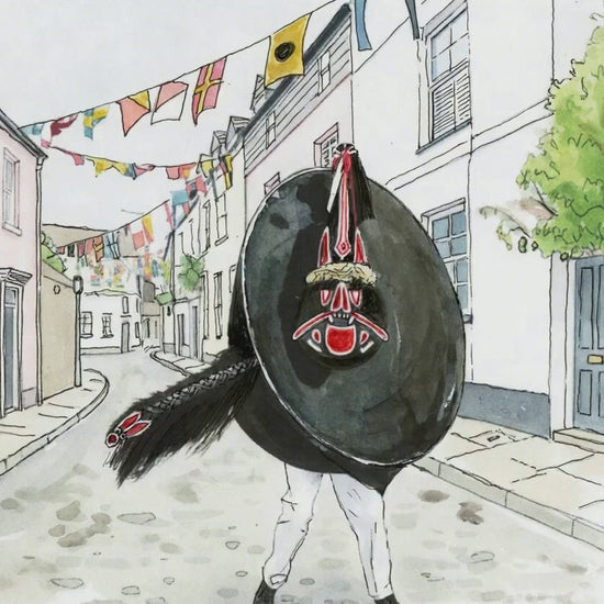 Red Oss illustration animated dancing in the cobbled street of Padstow