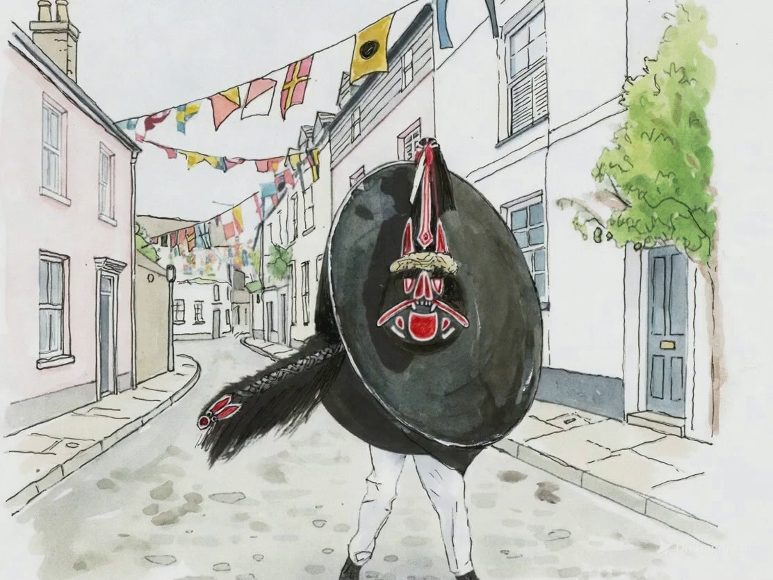 Red Oss illustration animated dancing in the cobbled street of Padstow