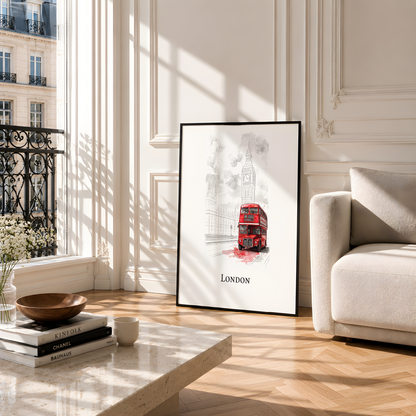 A framed vertical art print featuring a red London double-decker bus and Big Ben in a sketchy black-and-white style, leaning against a cream wall in a sunlit living room next to a sofa.
