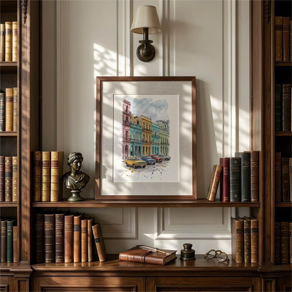 A framed watercolor painting of a colourful  street scene, the Malecón area in havana on a paneled wall between dark wood bookshelves filled with books. A wall lamp is above, and a small bust and books sit on the shelf below.