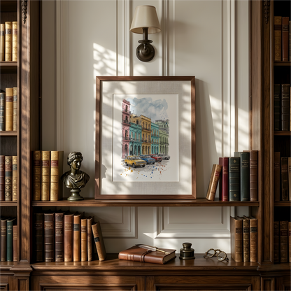A framed watercolor painting of a colourful  street scene, the Malecón area in havana on a paneled wall between dark wood bookshelves filled with books. A wall lamp is above, and a small bust and books sit on the shelf below.