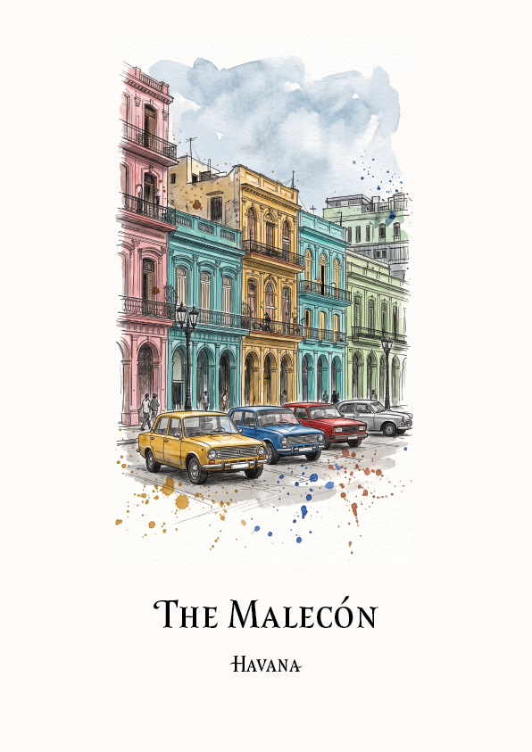 A travel art print titled 'The Malecón - Havana' featuring a watercolor illustration of colourful colonial-style buildings and vintage cars on a cream background.