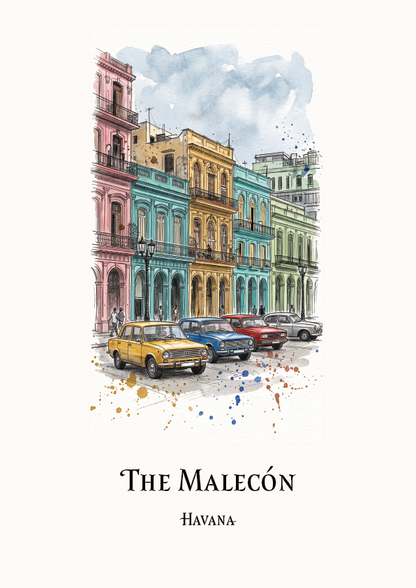 A travel art print titled 'The Malecón - Havana' featuring a watercolor illustration of colourful colonial-style buildings and vintage cars on a cream background.