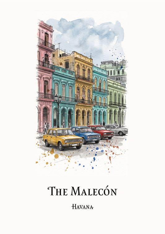 A travel art print titled 'The Malecón - Havana' featuring a watercolor illustration of colourful colonial-style buildings and vintage cars on a cream background.