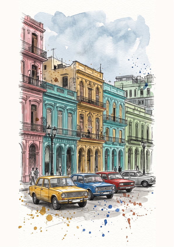 Watercolour-style illustration of a street in the Malecón in Havana, lined with colourful vintage 1950s cars in front of pastel colonial buildings under a cloudy sky.