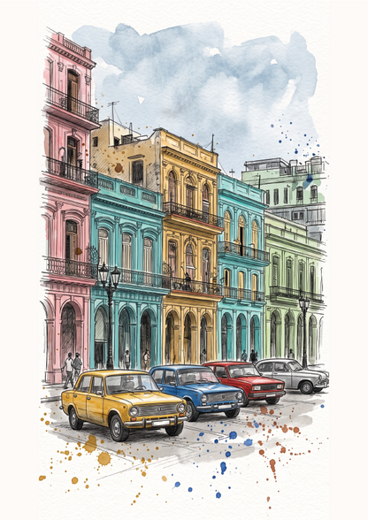 Watercolour-style illustration of a street in the Malecón in Havana, lined with colourful vintage 1950s cars in front of pastel colonial buildings under a cloudy sky.