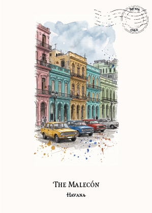A travel art postcard titled 'THE MALECÓN HAVANA' featuring a watercolour illustration of colorful colonial buildings and vintage 1950s cars on a light cream background with a simulated postage stamp in the top right.
