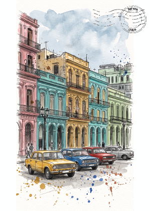 Watercolour-style illustration on a postcard of a street lined in The Malecon Havana with coloruful 1950s vintage cars in front of pastel colonial buildings, with a postmark graphic in the upper right on a white background.