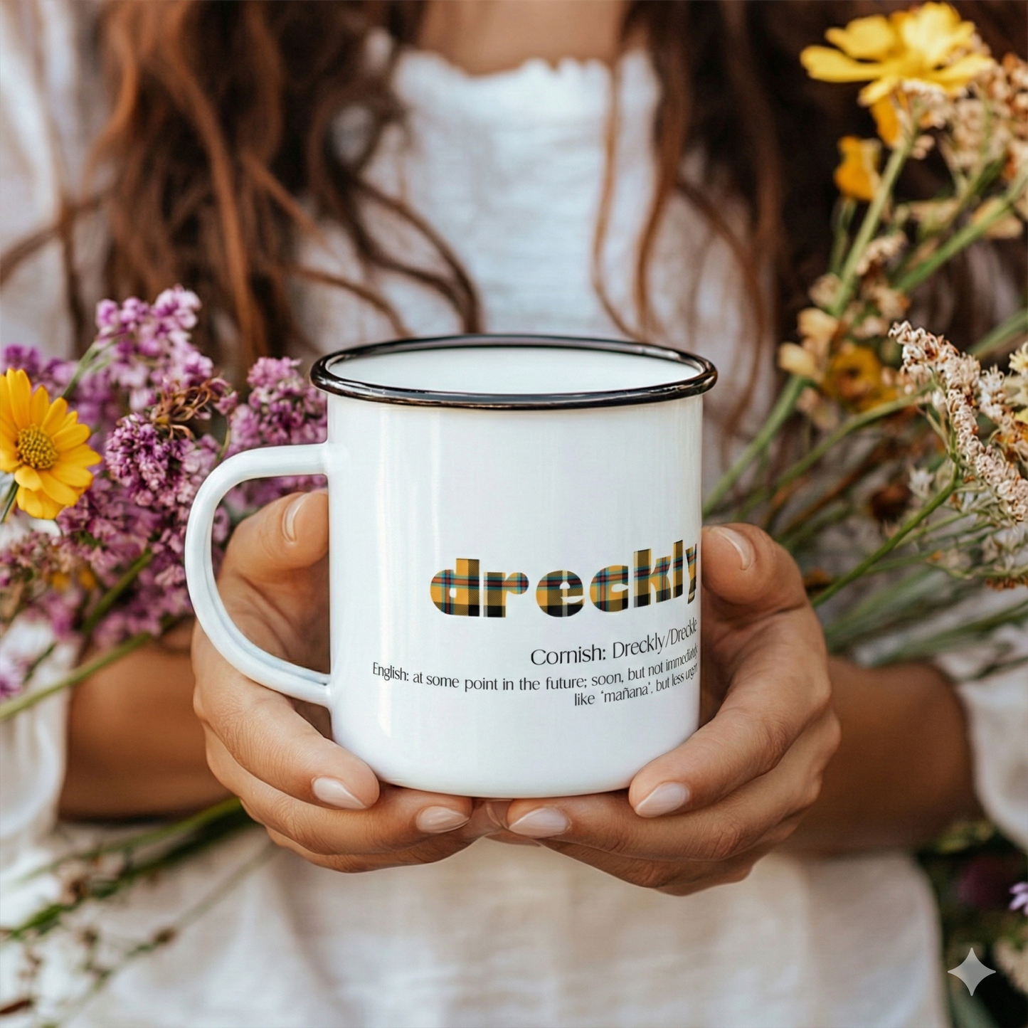 Cornish Language humorous 'Dreckly' Enamel Mug