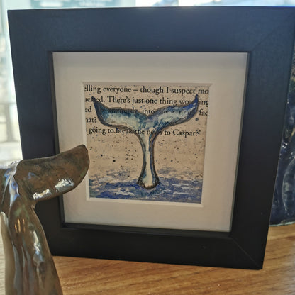 Signed original book page with watercolour and ink illustration of a Whale Tail